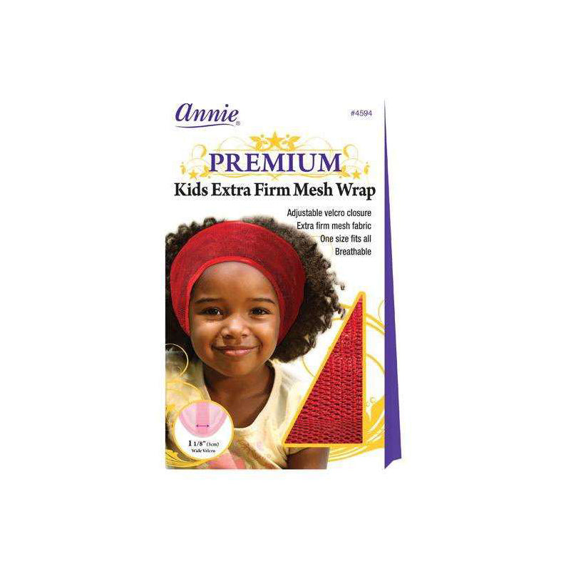 ANNIE premium kids extra firm mesh wrap red head wrap on smiling child with packaging and mesh closeup