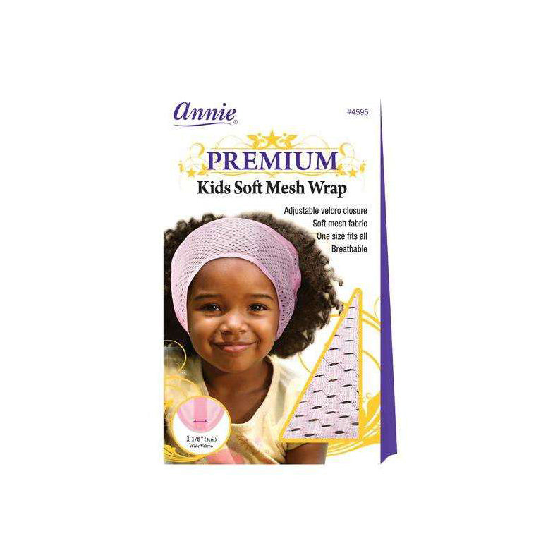 ANNIE kids soft mesh hair wrap package showing smiling child wearing pink breathable adjustable wrap