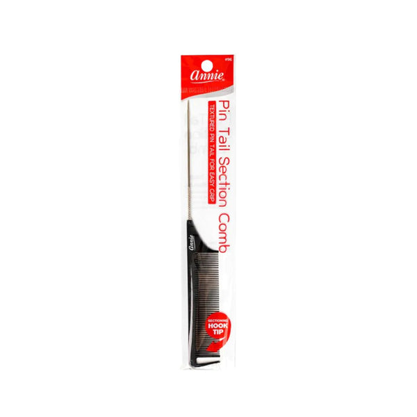 ANNIE pin tail comb for hair styling with hooked tip and fine teeth in packaging
