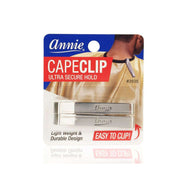 ANNIE premium hair cutting cape clip metal silver double pack shown on packaging with gold cape