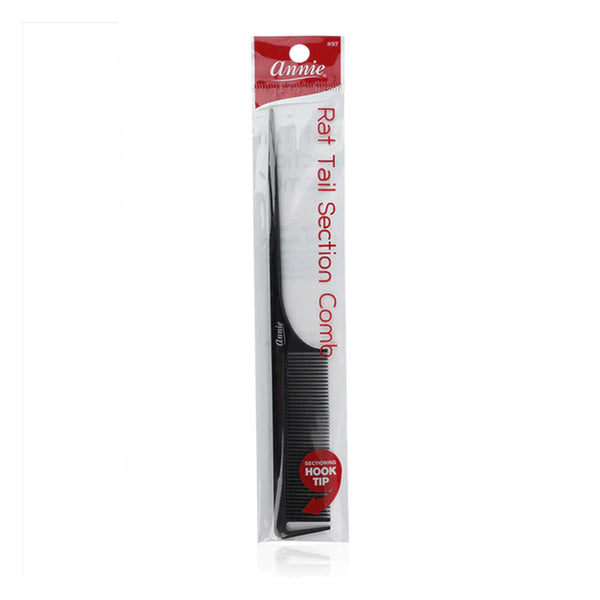 ANNIE rat tail section comb black with hook tip for precise hair styling and sectioning