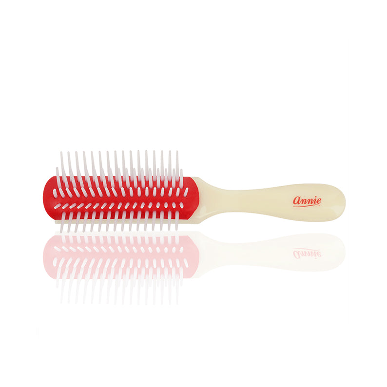 Annie small rubber cushion hair brush with red foam pad ivory handle and flexible white bristles for detangling