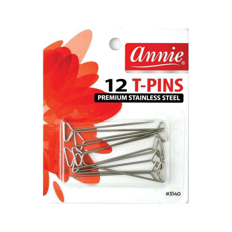 ANNIE 12 pack premium stainless steel T-pins for wigs on white branded card with red floral design