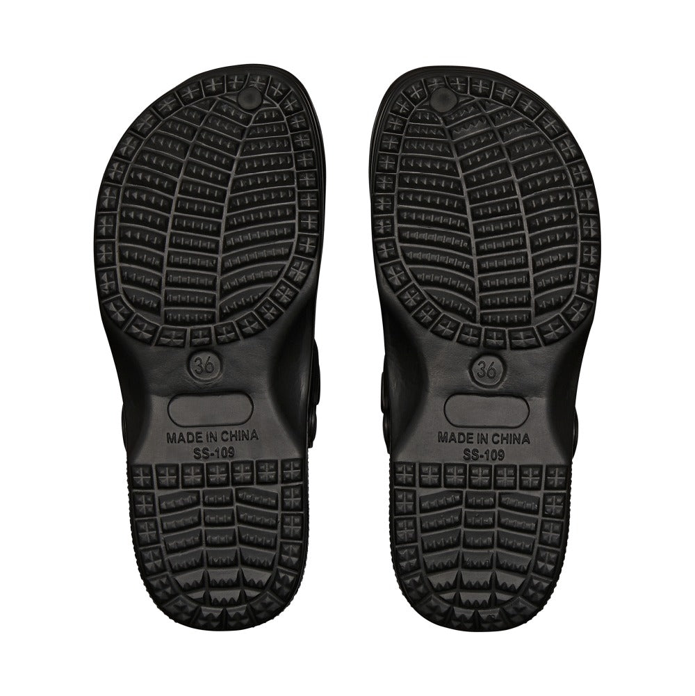 RED BEAUTY by KISS black air clog sandals viewed from soles showing textured tread size 36