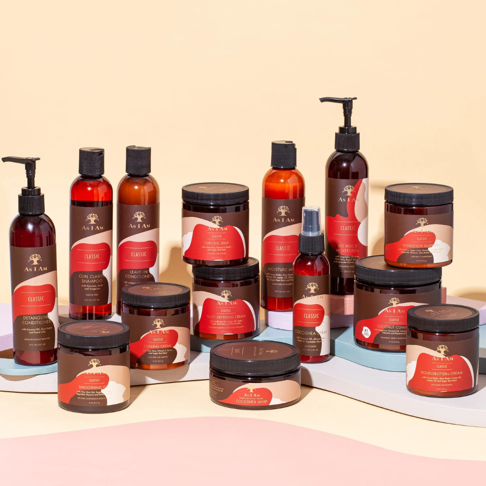 AS I AM hair care assortment of jars and pump bottles including curling jelly for natural hair styling