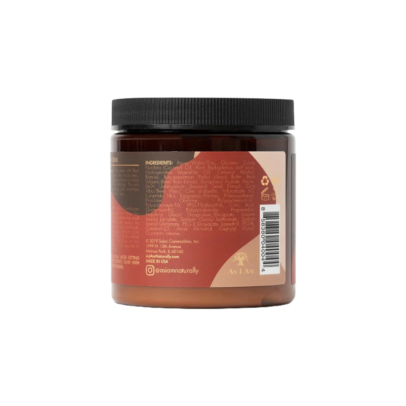 AS I AM curly hair curling cream jar showing back label barcode and ingredients on amber container