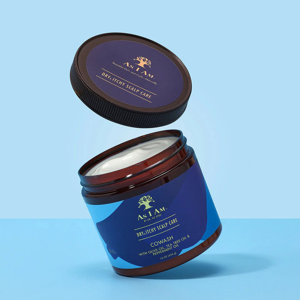 AS I AM dry and itchy scalp co-wash open jar showing creamy white co-wash in blue and brown labeled container for scalp care