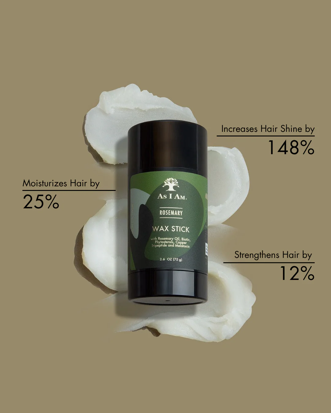 AS I AM rosemary hair wax stick on a coconut background highlighting shine and moisture benefits