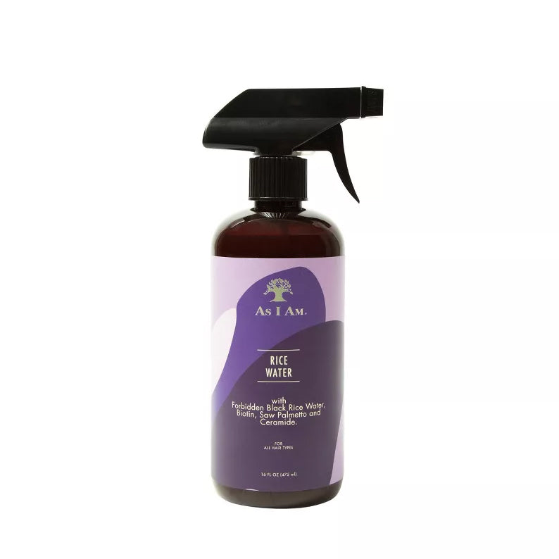 AS I AM rice water hair spray in amber trigger bottle for strengthening detangling and shine