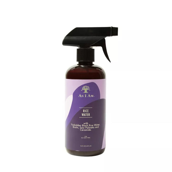 AS I AM rice water hair spray in amber trigger bottle for strengthening detangling and shine