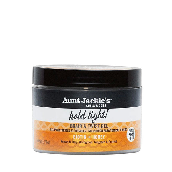Aunt Jackies hold tight braid and twist gel with extra firm hold. Jar of styling gel for braids