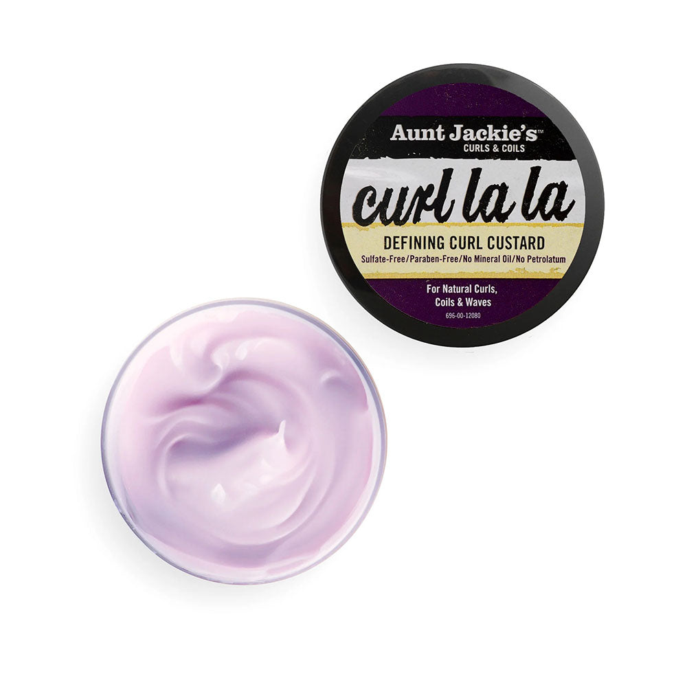 Aunt Jackies curl defining custard for natural hair open jar showing pale lavender cream and black product lid