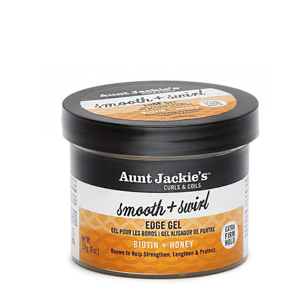Aunt Jackies Smooth and Swirl Biotin and Honey extra firm hold edge gel jar for sleek defined edges