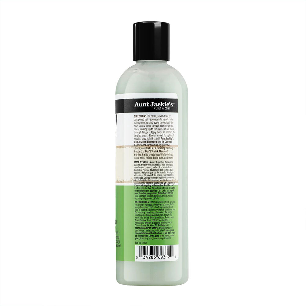 Aunt Jackies moisture intensive leave-in conditioner green bottle with black cap showing back label and barcode