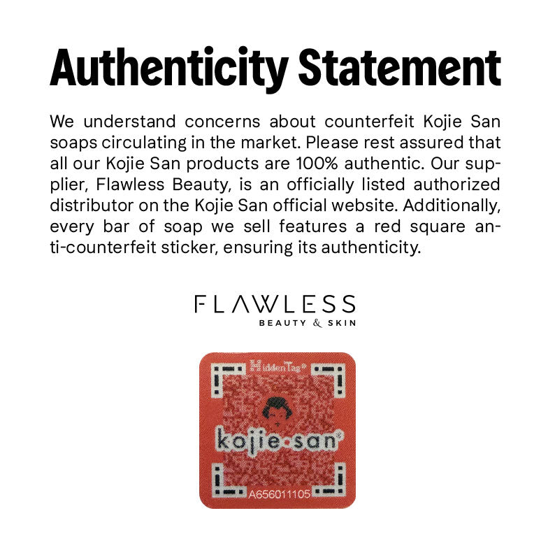Kojie San authenticity notice with Flawless Beauty logo and red anti counterfeit sticker skin lightening soap for dark spots