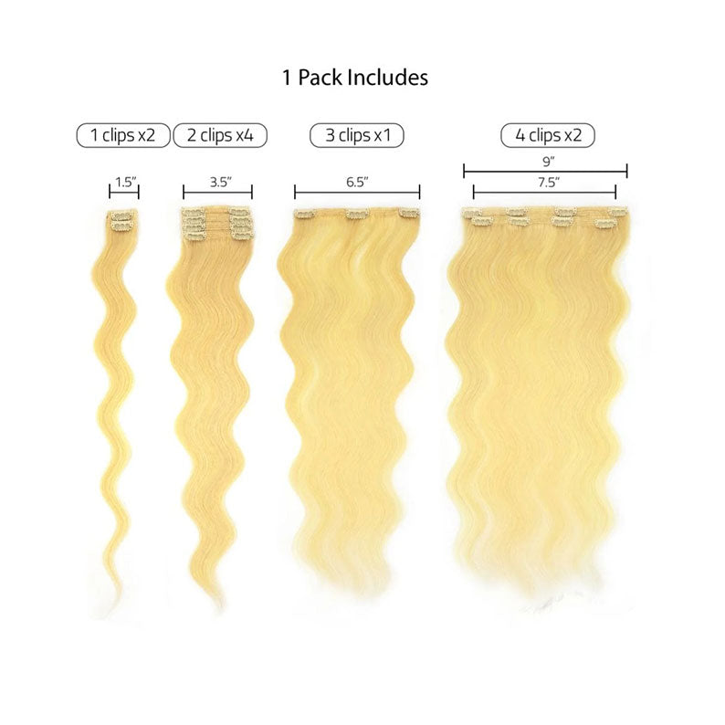 Avanti human hair blend clip in extensions blonde wavy set showing clip counts and widths
