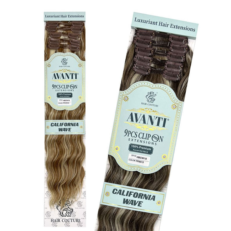 Avanti human hair blend clip in extensions California Wave 9pcs wavy light brown to blonde by HAIR COUTURE