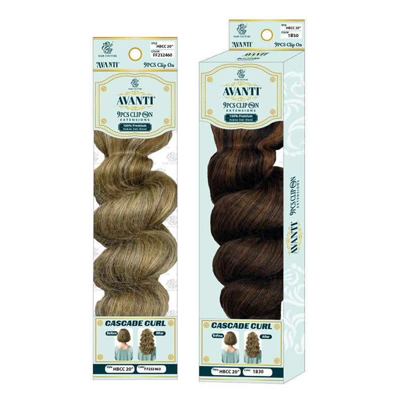 Avanti human hair blend clip on extensions in light brown and dark brown cascade curl styles by Hair Couture