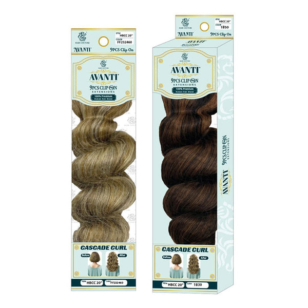 Avanti human hair blend clip on extensions in light brown and dark brown cascade curl styles by Hair Couture