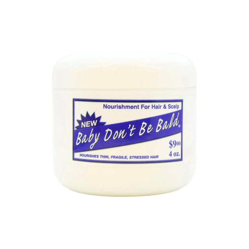 Baby Dont Be Bald 4 oz hair and scalp nourishment cream in white jar for thin fragile stressed hair