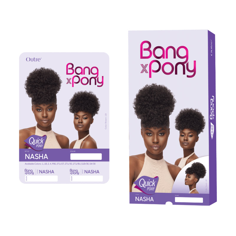 OUTRE Bang x Pony Nasha quick hairpiece showing curly ponytail with bangs for natural textured styling