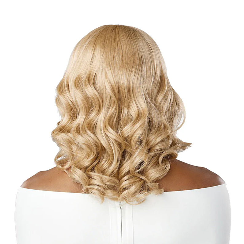 SENSATIONNEL blonde wavy shoulder length bare lace glueless front wig shown from back on mannequin for natural volume
