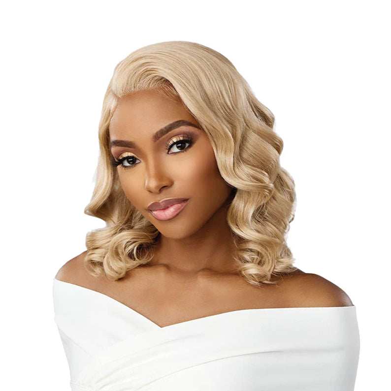 SENSATIONNEL blonde shoulder length wavy bare lace glueless front wig on model in off shoulder white top