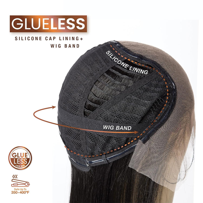 SENSATIONNEL extra transparent lace front wig showing glueless silicone cap lining and adjustable wig band