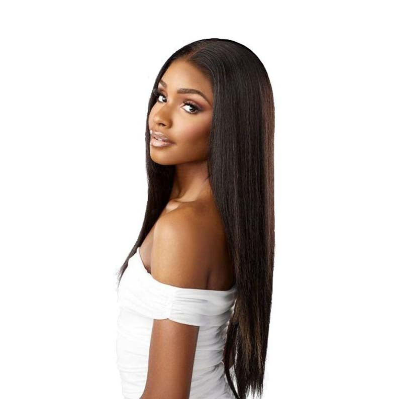 Sensationnel extra transparent lace front wig long straight dark brown with natural middle part on model