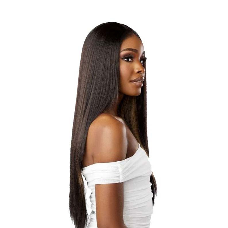 SENSATIONNEL extra transparent lace front wig long straight dark brown natural hairline on model