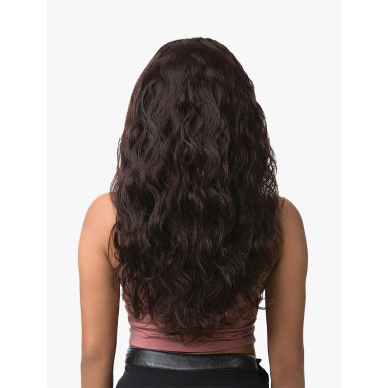 SENSATIONNEL body wave lace frontal bundle deal shown on a model with long dark wavy hair