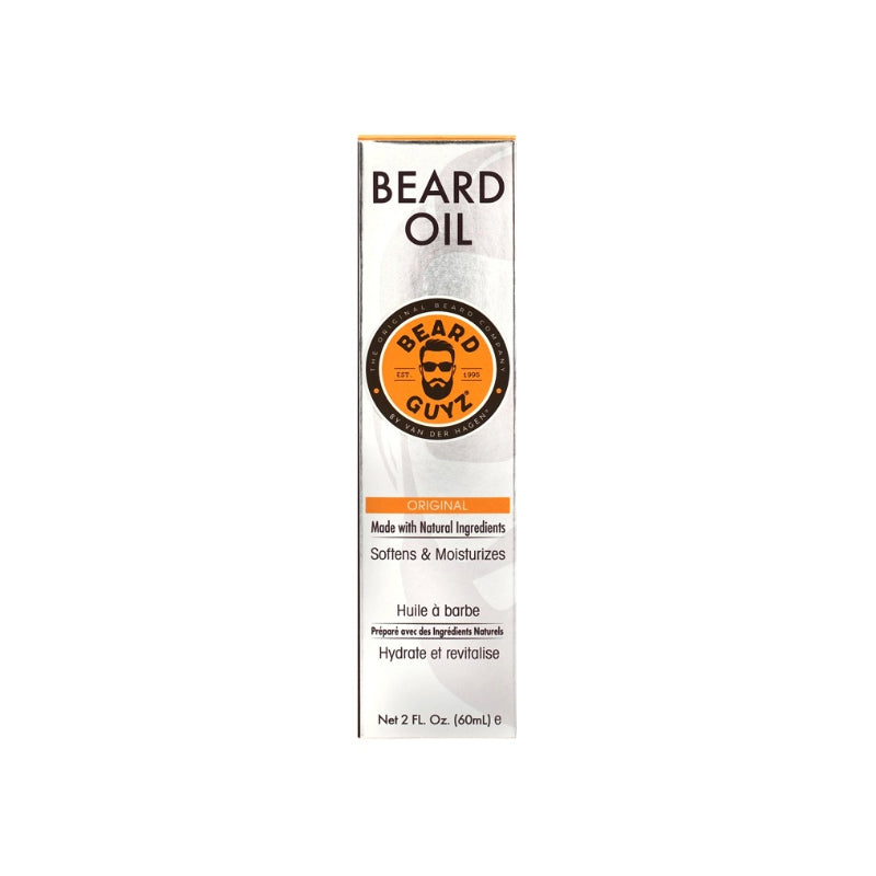 BEARD GUYZ beard oil for men white box packaging orange logo softens and moisturizes 2 fl oz