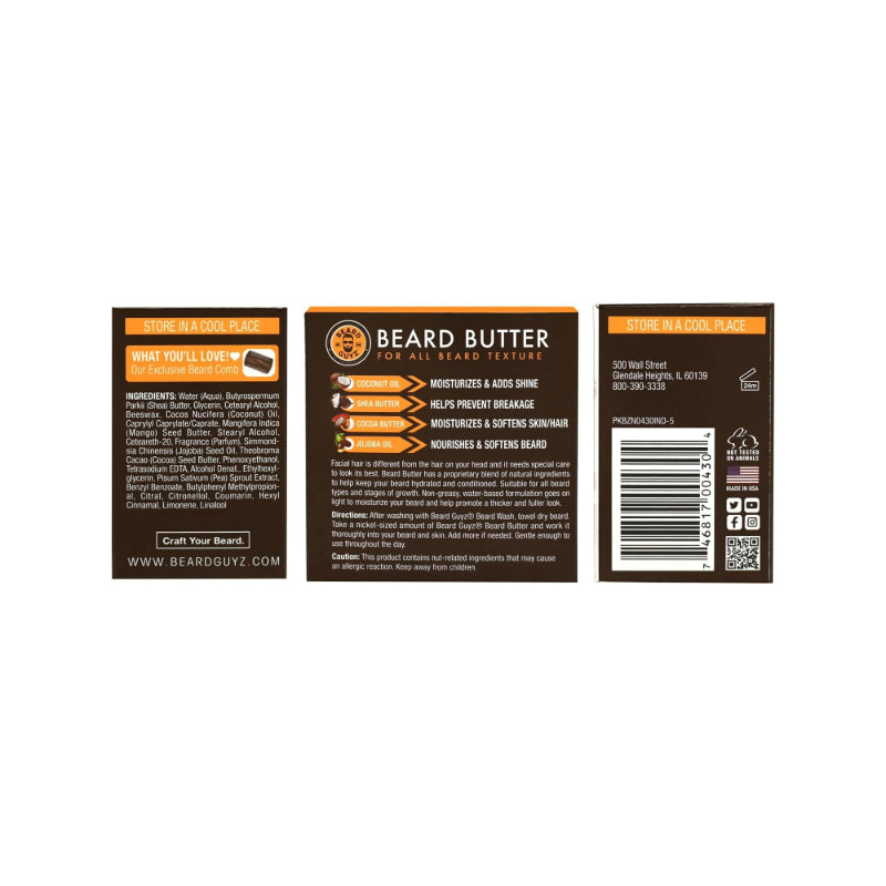 BEARD GUYZ beard butter with grotein label showing ingredients benefits and usage directions on brown packaging