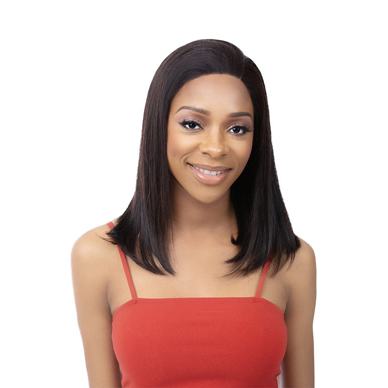 Model wearing 13x4 lace front bob wig human hair in straight dark brown shoulder length with natural hairline