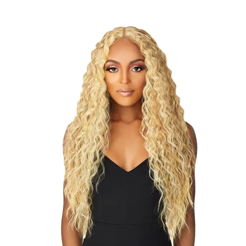 ITS A WIG Swiss lace front wig long blonde deep wave with center part on model wearing black dress
