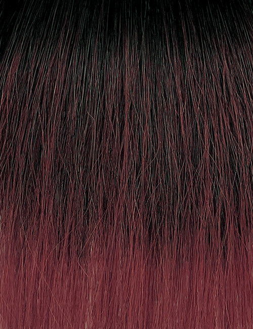 OUTRE synthetic wrap pony half wig black to burgundy ombre straight fiber texture close up