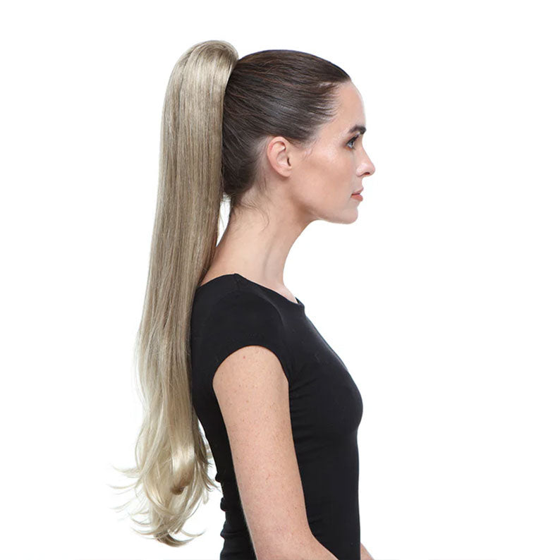 HAIR COUTURE long ash blonde drawstring ponytail extension styled in a sleek high ponytail on model