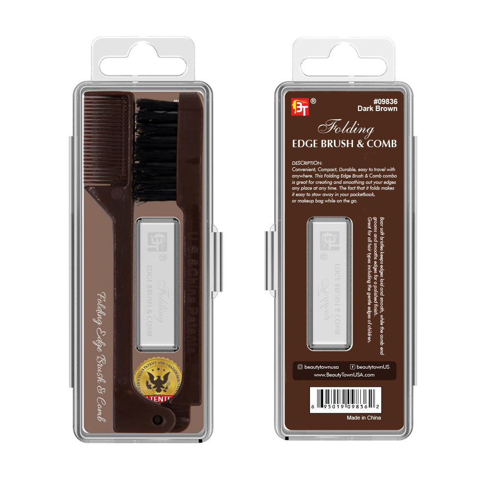 BEAUTY TOWN dark brown folding edge brush and comb in clear plastic travel case front and back view