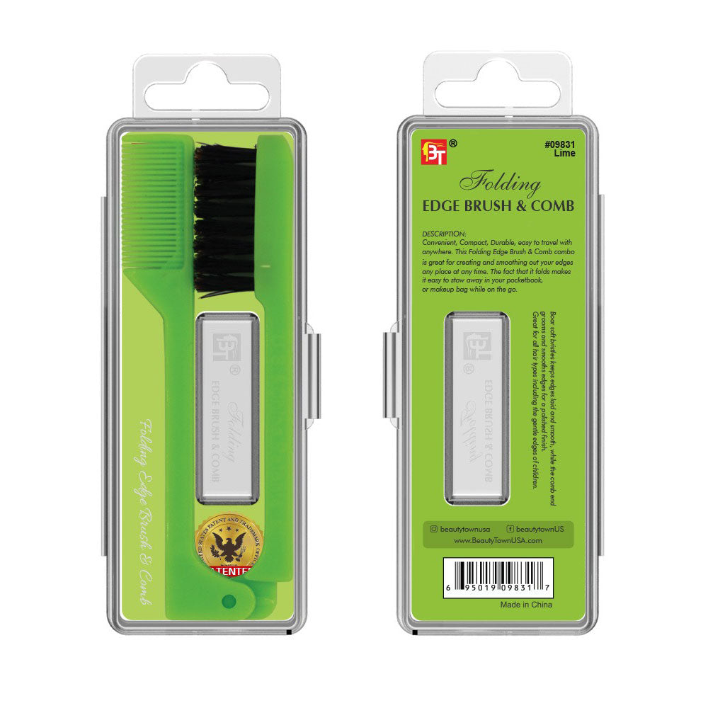 Beauty Town lime folding edge brush and comb in clear travel case showing brush and comb