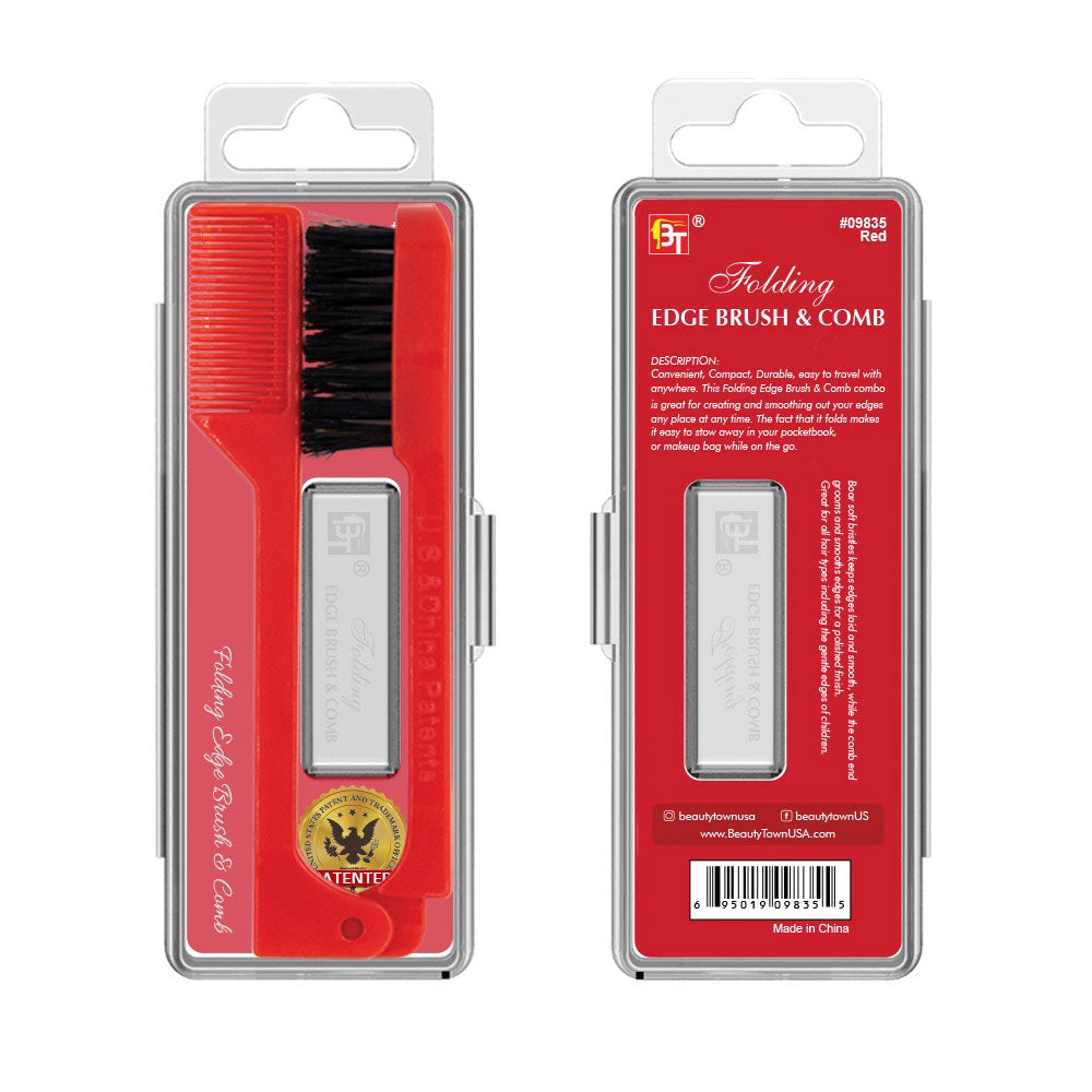 BEAUTY TOWN red folding edge brush and comb in clear retail packaging for hair styling and edging