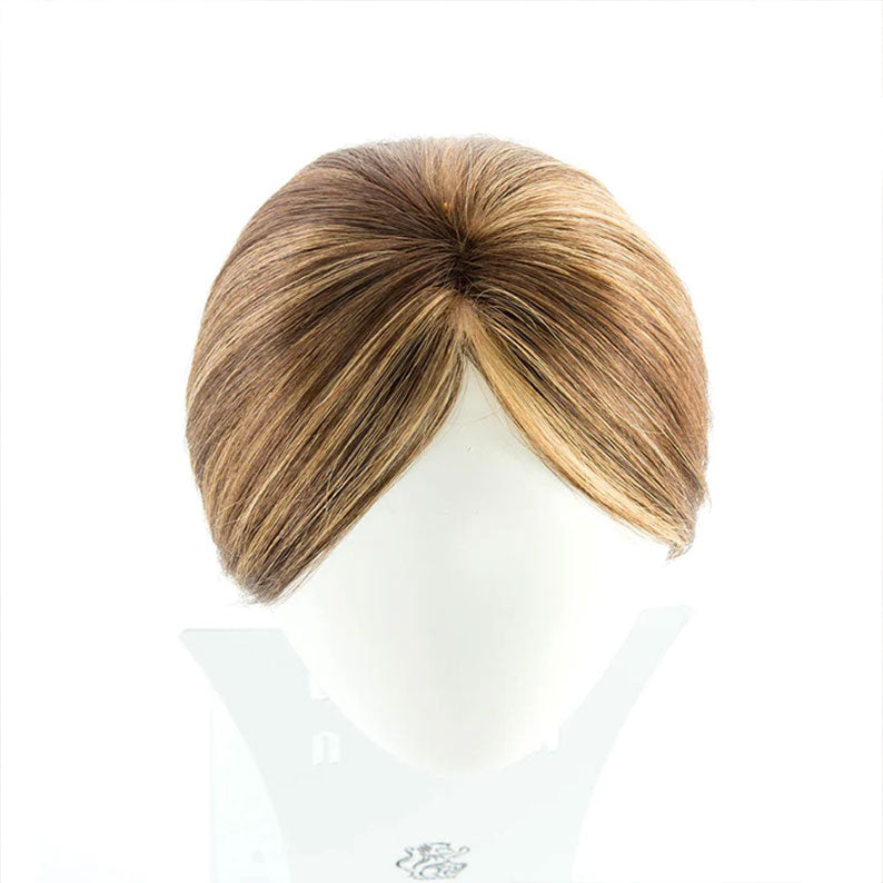 HAIR COUTURE Remy human hair top piece in light brown with subtle highlights and natural center part