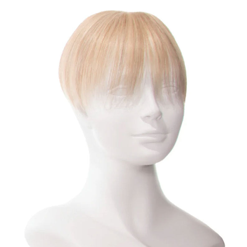 HAIR COUTURE Remy human hair top piece short blonde fringe with natural hairline for volume on mannequin head
