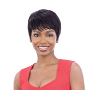 SHAKE N GO Brazilian human hair wig short black pixie cut with sleek side swept bangs on smiling model