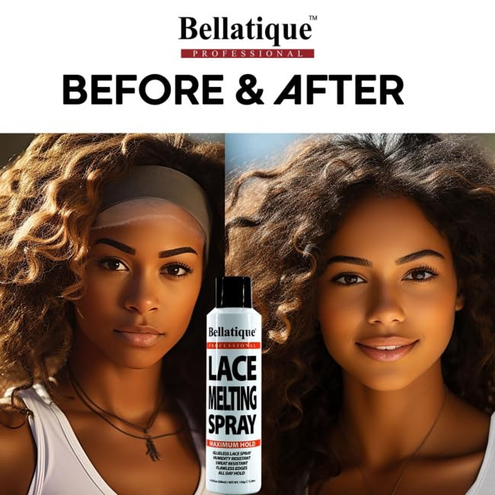 Bellatique lace melting spray maximum hold before and after photo showing smooth natural hairline