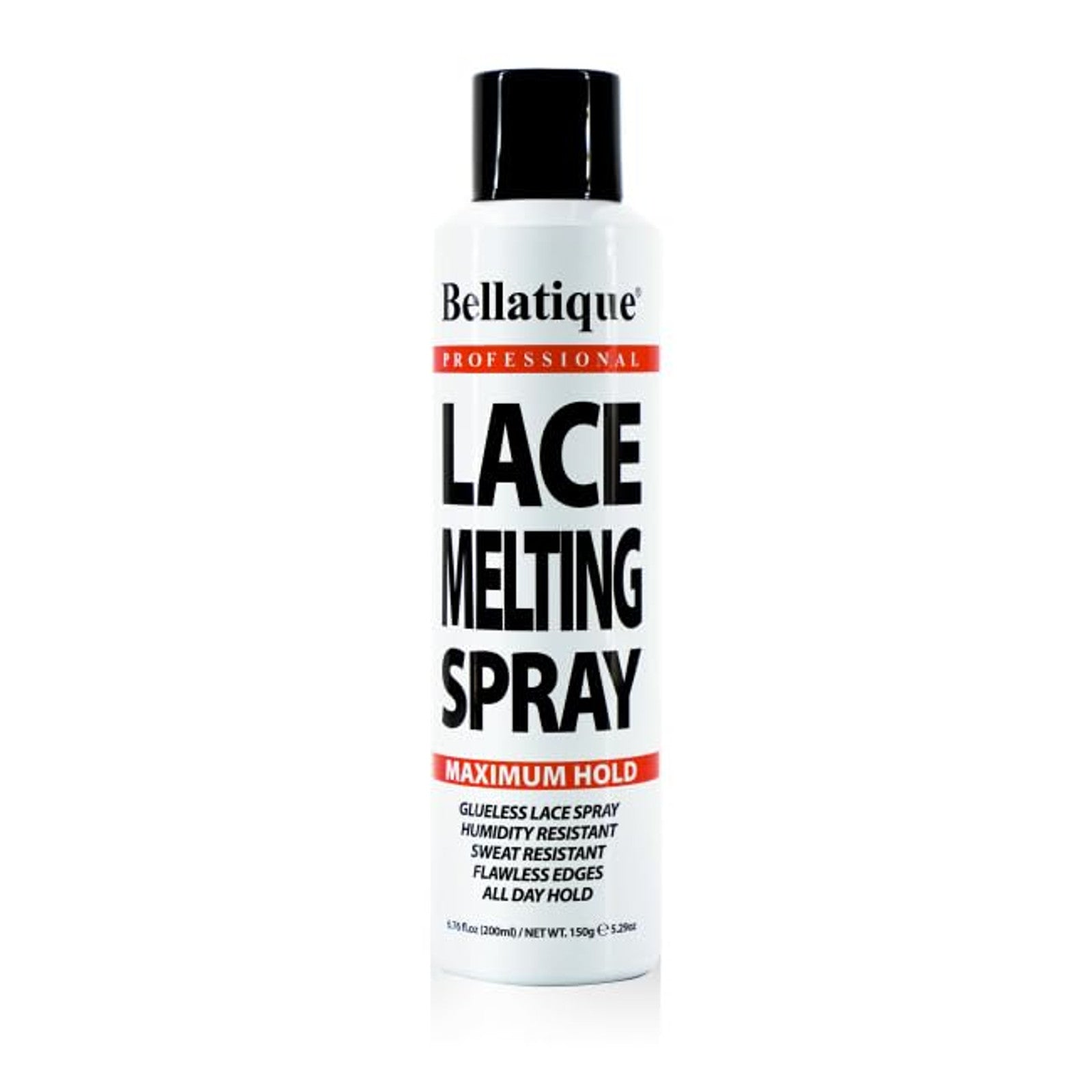 Bellatique Professional lace melting spray maximum hold white aerosol can with black cap for secure wig edges