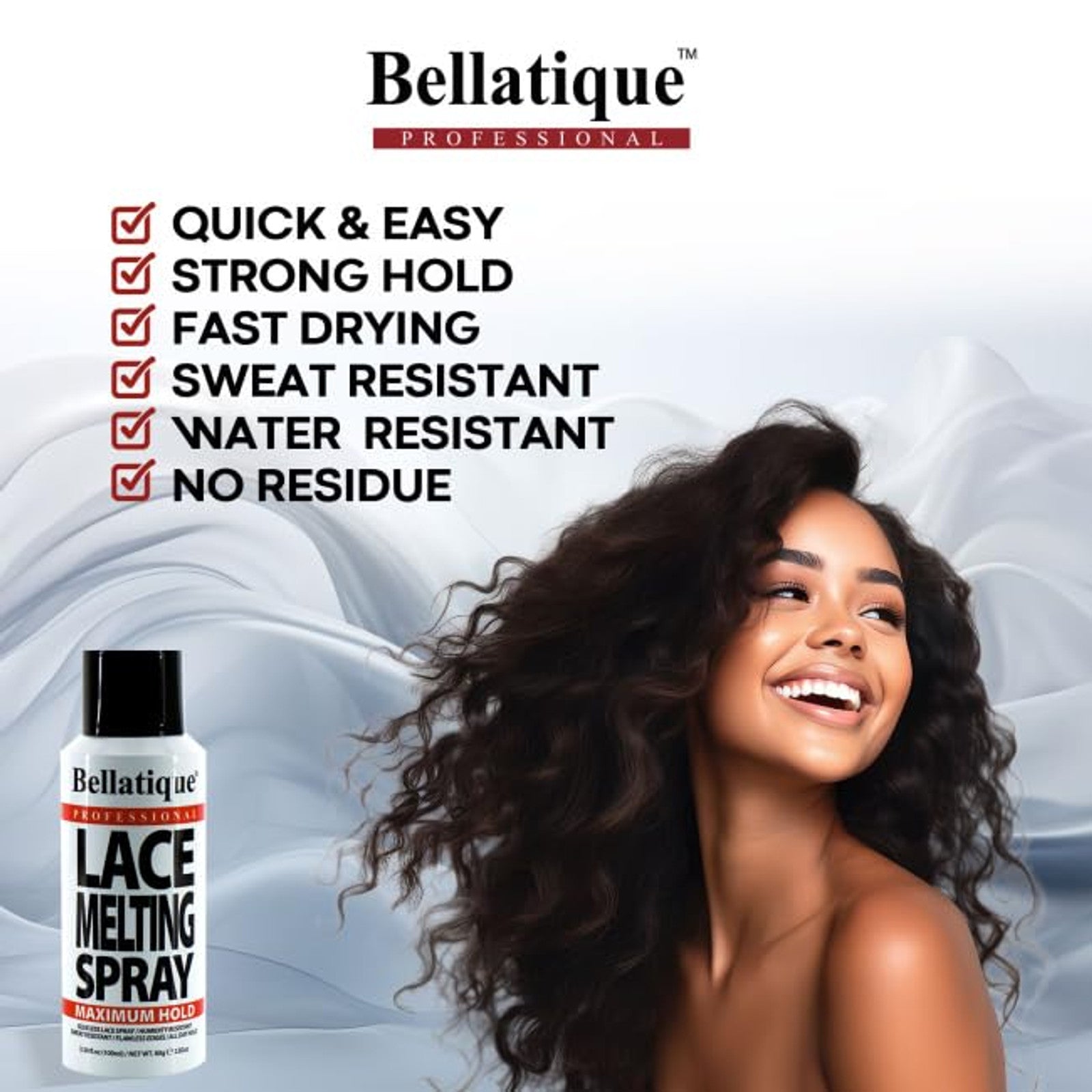 Bellatique lace melting spray maximum hold bottle with smiling model showing strong hold and water resistant finish
