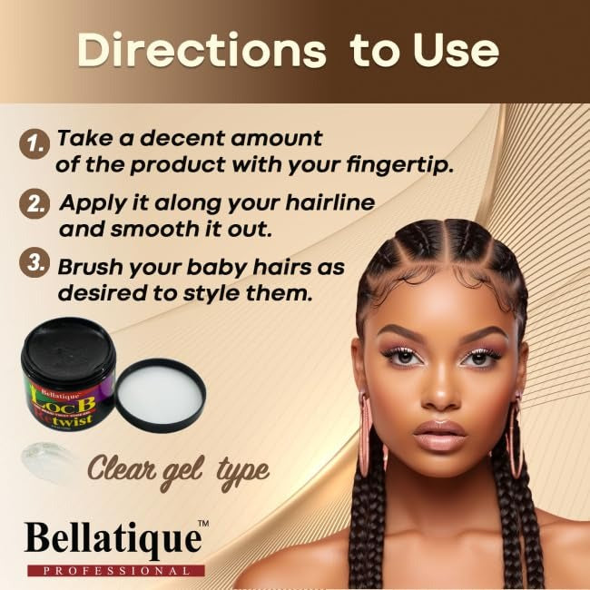 Bellatique loc retwist gel maximum hold jar with usage directions and model showing sleek braided locs and styled baby hairs