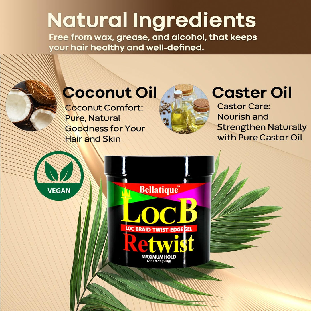 Bellatique LocB Retwist jar with coconut and castor oil labels and vegan badge loc retwist gel maximum hold
