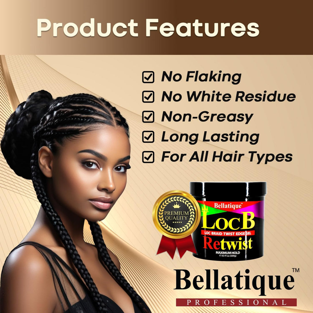 Bellatique loc retwist gel maximum hold jar with model showing sleek braids and product features