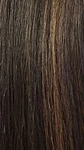 Close up of straight dark brown hair with subtle caramel highlights Bff Part Lace Lilia wig showing texture